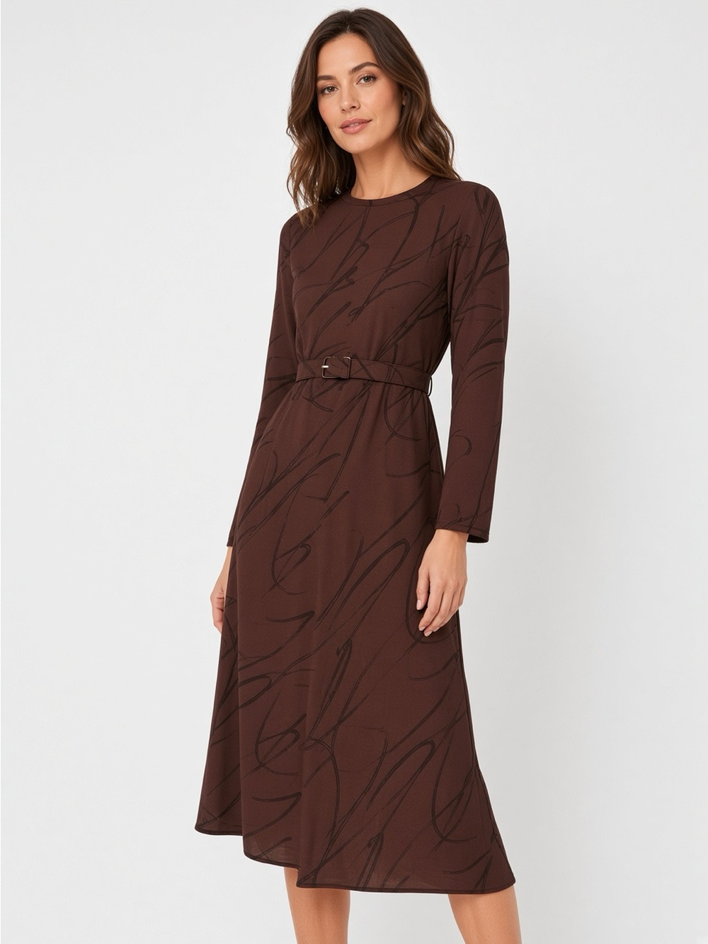 Tuckernuck Brown Long-Sleeve Belted Midi Dress with Abstract Print XL NWT